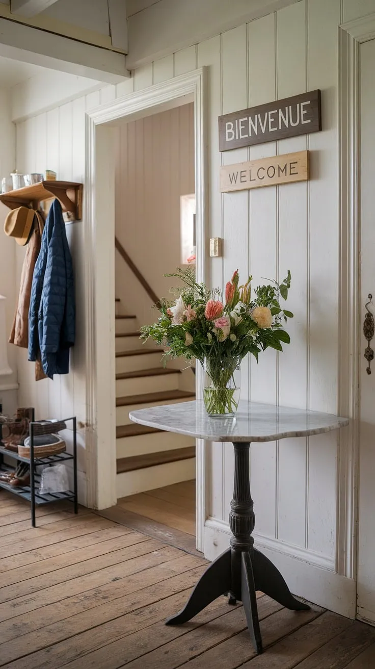 Step into effortless charm. This modern French country entryway, blending the rustic appeal of a French farmhouse with contemporary elegance, sets the tone for the entire home.  The country style entryway welcomes you with warmth and sophistication.