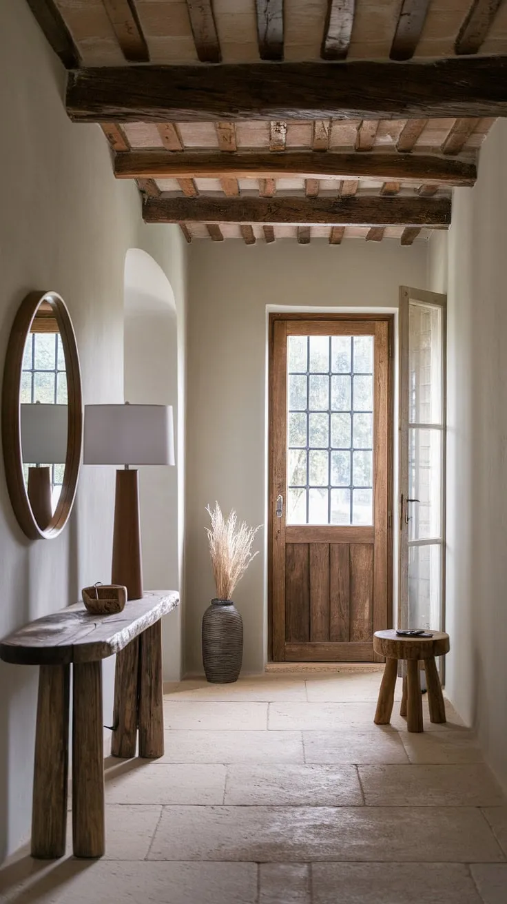 Step into a world of effortless style. This French farmhouse entryway seamlessly blends the warmth of a traditional country style entryway with the clean lines of modern design.  The result? A captivating space that embodies the best of modern French country decor.