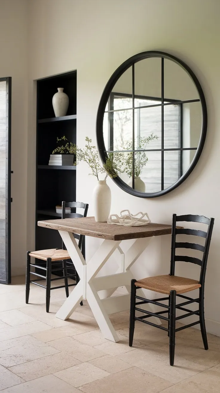 This country style entryway embodies the spirit of a French farmhouse, showcasing modern French country decor with its thoughtful details and inviting atmosphere. A delightful blend of old-world charm and fresh design.