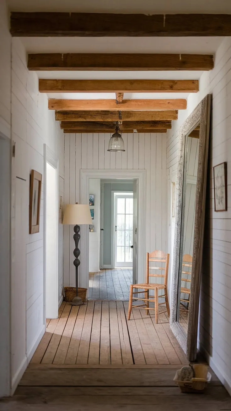 This French farmhouse entryway welcomes you with its airy white walls, warm wooden floors, and a touch of modern French country decor. A rustic mirror and comfortable chair complete this inviting country style entryway.