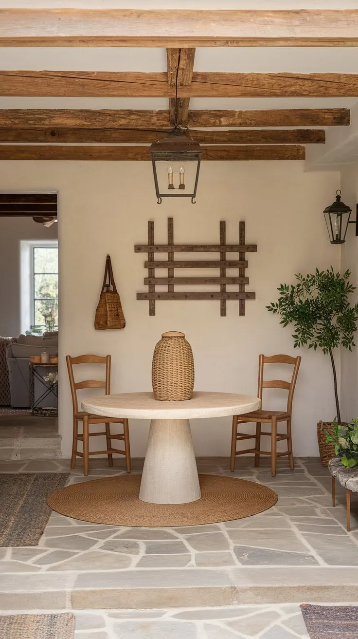 Step into the heart of this charming French country entryway, where rustic wood beams meet modern farmhouse style. The stone floor, woven textures, and thoughtfully placed accents create a welcoming and effortlessly chic country style entryway, showcasing the best of modern French country decor.