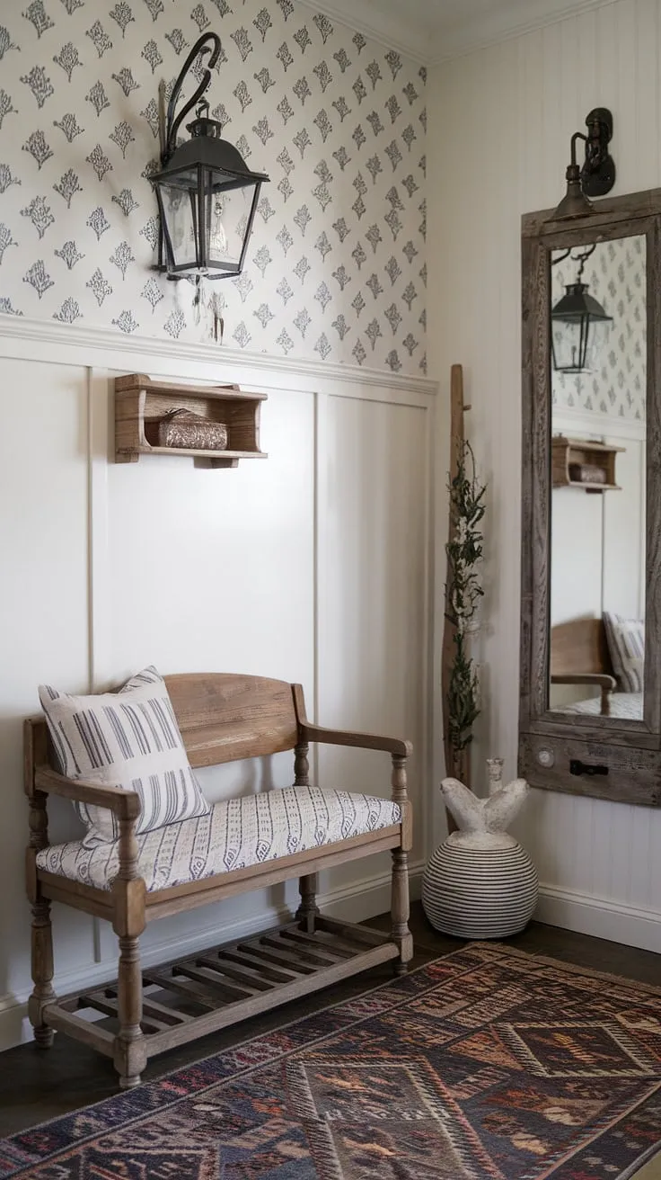 Step into the charm of this modern French country entryway, where farmhouse style meets contemporary elegance.  The perfect blend of rustic and refined creates a welcoming space.