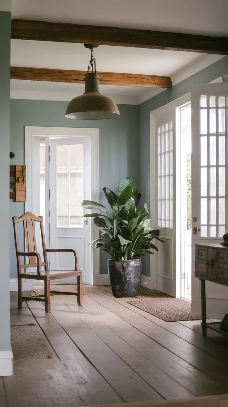 A country style entryway redefined. This French farmhouse entryway effortlessly marries rustic details with a contemporary feel. The soft blue hues, wooden floors, and thoughtfully placed greenery create a welcoming and stylish space, showcasing the best of modern French country decor.