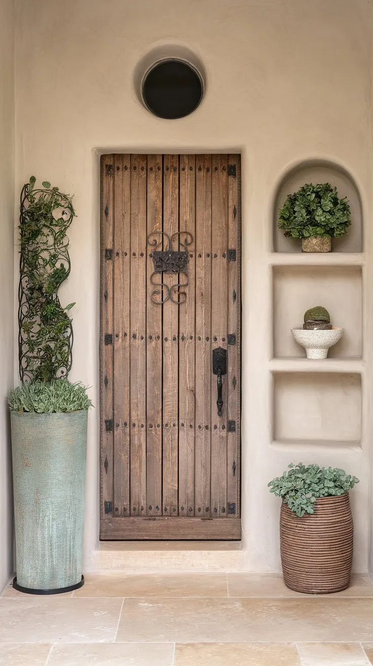 This French country entryway showcases the beauty of modern French country decor.  The rustic door and simple shelving create a country style entryway, while the clean lines and thoughtful plant choices add a touch of contemporary elegance to this French farmhouse entryway.