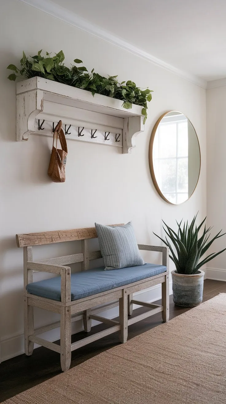 A country style entryway reimagined: this French farmhouse entryway showcases the beauty of modern French country decor, effortlessly blending rustic textures with clean lines.