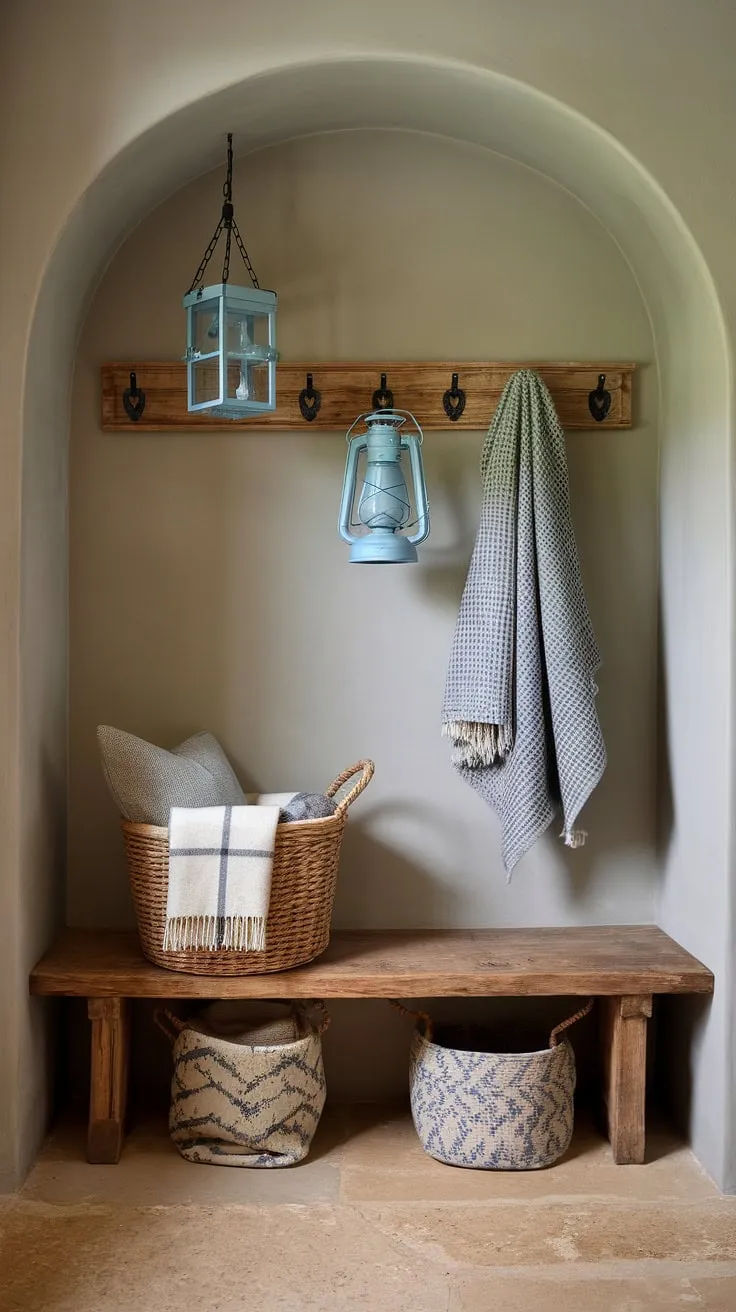 This French farmhouse entryway perfectly captures the essence of country style entryway design with a contemporary twist.  A wooden bench, cozy blankets, and charming blue lanterns add warmth and personality to this inviting space, exemplifying modern French country decor at its finest.