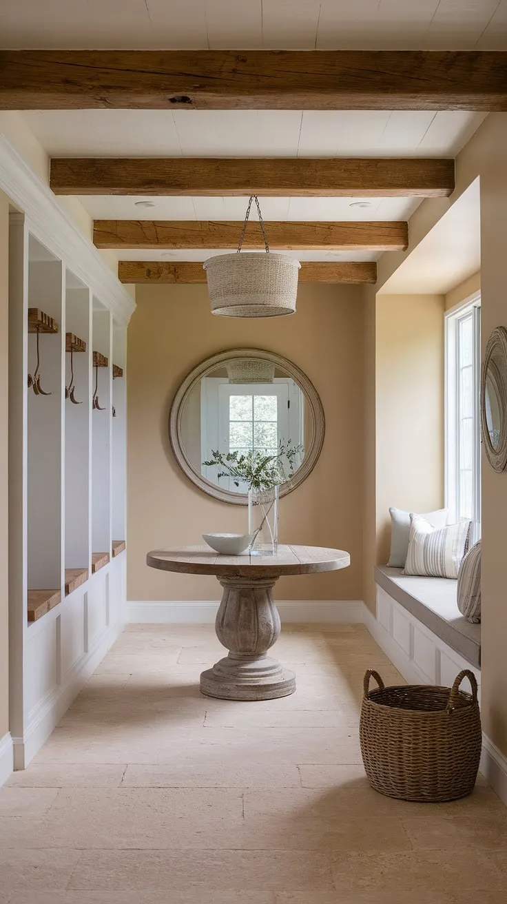 Step into effortless charm. This modern French country entryway, blending the rustic appeal of a French farmhouse with contemporary elegance, sets the perfect tone for the entire home.  A country style entryway redefined.