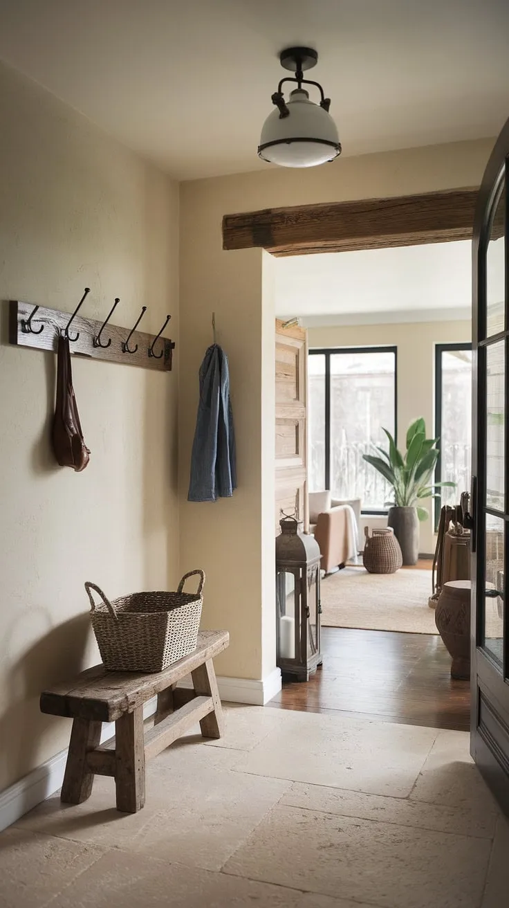 Step into a haven of modern French country decor. This French farmhouse entryway showcases the beauty of a country style entryway, effortlessly merging rustic elements like the wooden stool and lantern with sleek lines and a sophisticated light fixture, resulting in a truly captivating space.