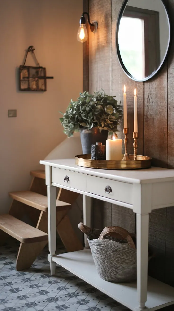 This charming French country entryway seamlessly blends rustic and modern elements.  The patterned tile floor, wooden step stool, and wood paneling create a classic French farmhouse entryway feel, while the white console table and brass tray showcase modern French country decor.  The overall effect is a welcoming and stylish space.
