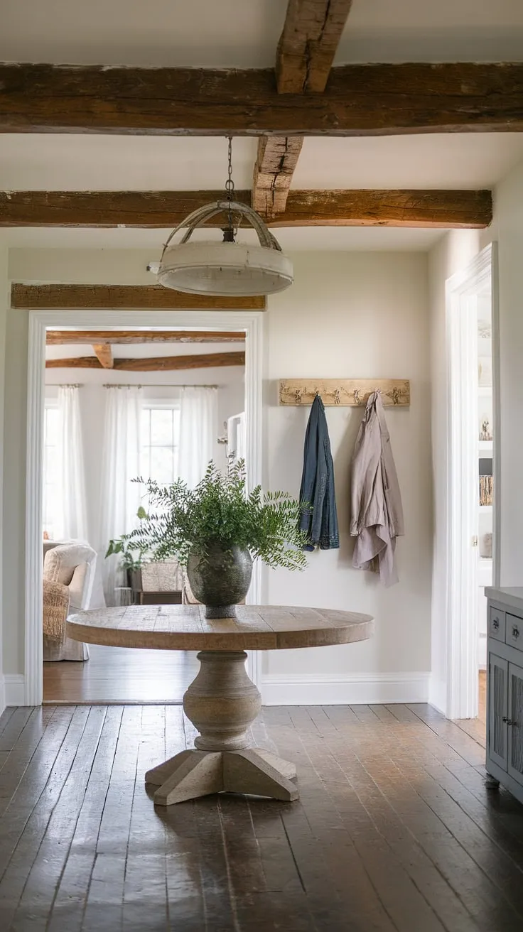 This country style entryway boasts the effortless chic of a French farmhouse, updated with modern French country decor.  A delightful introduction to the home's inviting interior.