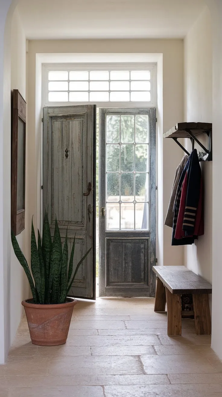 This country style entryway embodies the spirit of a French farmhouse, showcasing modern French country decor with a touch of understated sophistication.  A truly inviting entrance to any home.