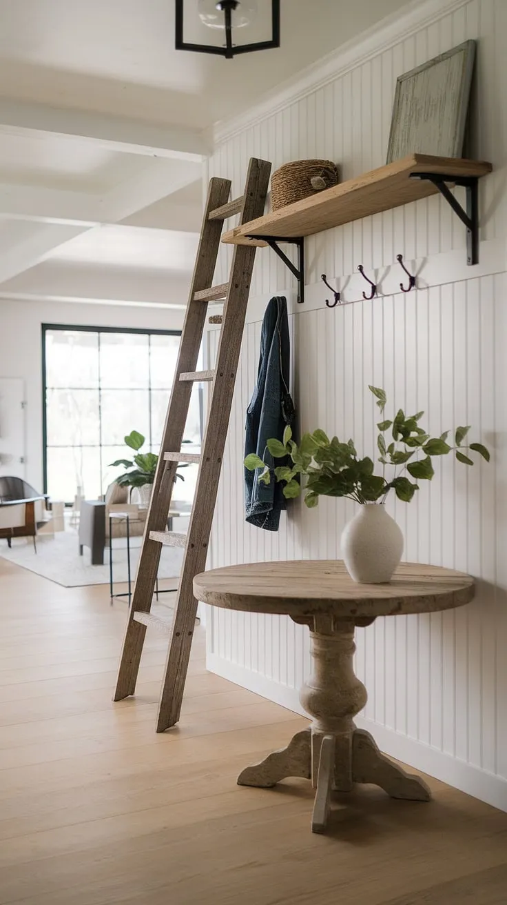 A touch of French farmhouse entryway magic in this light-filled space. The blend of a rustic wooden table and shelf with clean lines and a minimalist backdrop showcases the beauty of modern French country decor in a charming country style entryway.