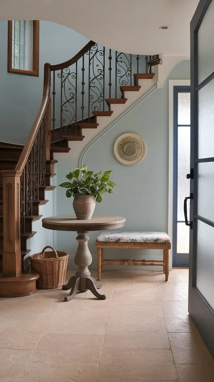 A captivating fusion of French country and modern design. This entryway showcases the best of both worlds: the warmth of a traditional French farmhouse entryway and the sophistication of modern French country decor.  The result is a country style entryway that's both inviting and effortlessly chic.