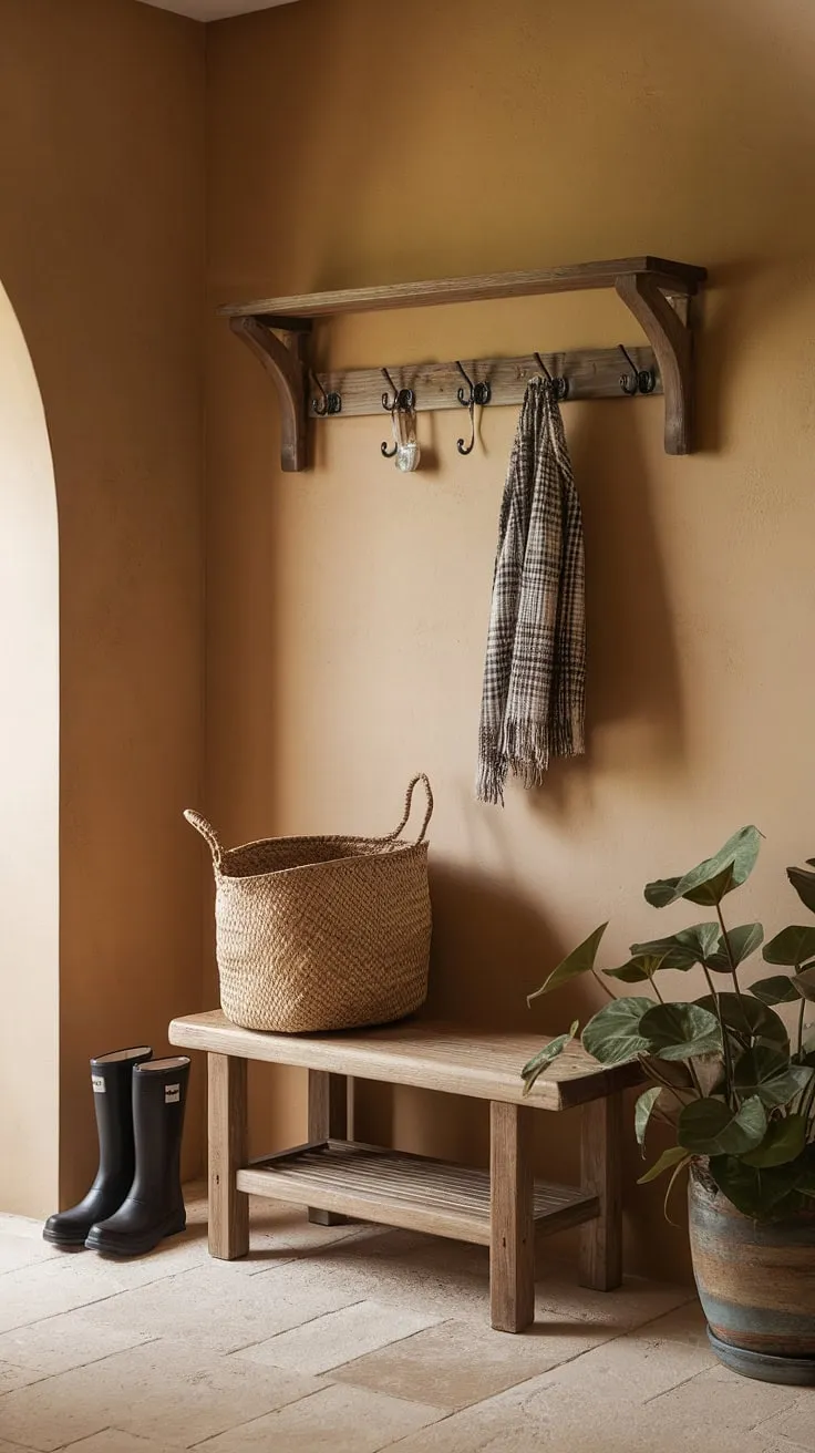 This country style entryway perfectly blends modern French country decor with a touch of rustic charm.  The carefully curated details, from the wooden bench to the wall-mounted coat rack, create a welcoming and stylish French farmhouse entryway.