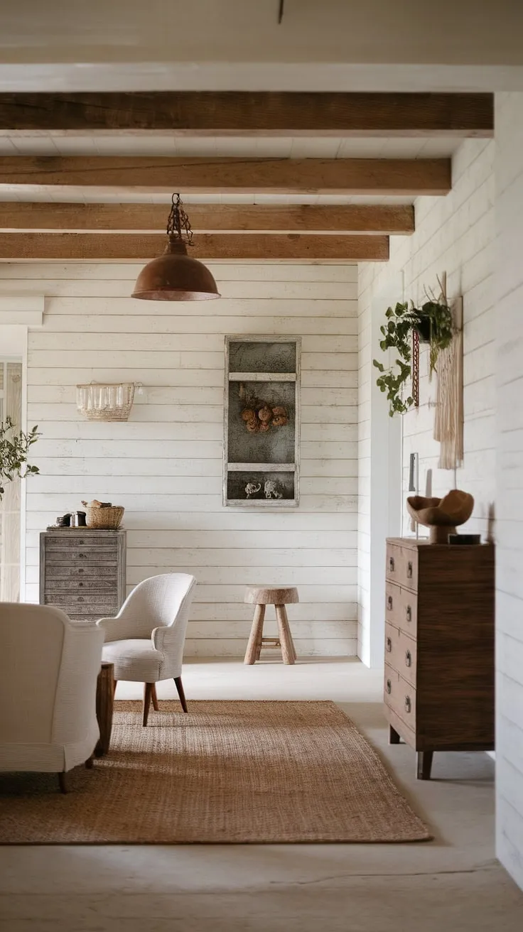 A blend of rustic charm and modern sophistication defines this French farmhouse entryway.  The carefully curated details, from the rustic pendant light to the woven chair, showcase the beauty of modern French country decor. This country style entryway is the perfect introduction to a home filled with warmth and character.