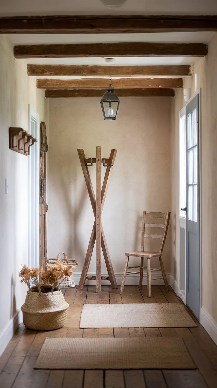 This country style entryway boasts the effortless chic of a French farmhouse, updated with modern French country decor.  A delightful introduction to the home's inviting interior.