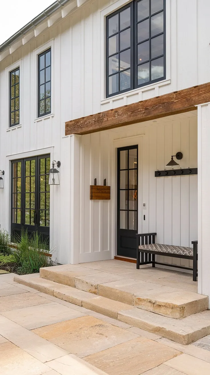 This country cottage farmhouse effortlessly marries classic French country charm with contemporary style.  The light-filled entryway, complete with a black bench and stylish accents, exemplifies modern French country design at its finest.