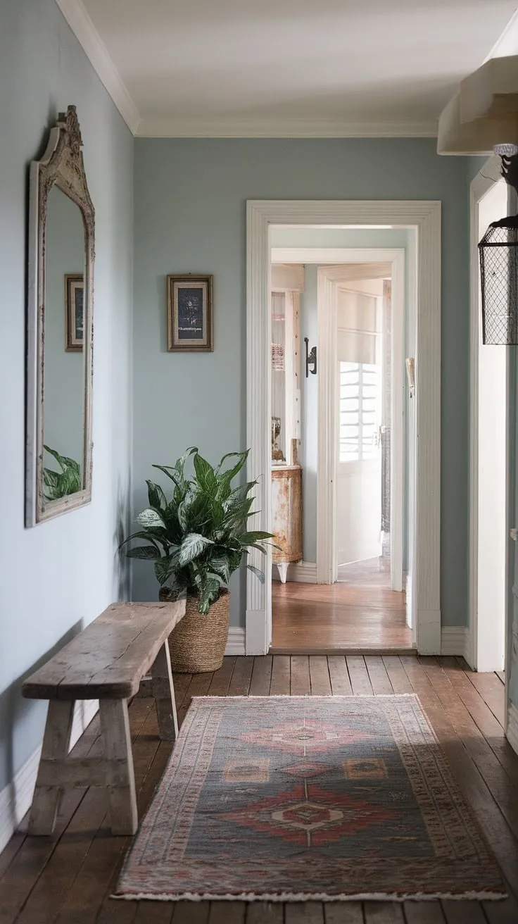 Step into the charm of this modern French country farmhouse, where country cottage farmhouse style meets contemporary elegance.  The country hallway and entryway decor perfectly capture the essence of cottage interiors, creating a welcoming and inviting atmosphere.