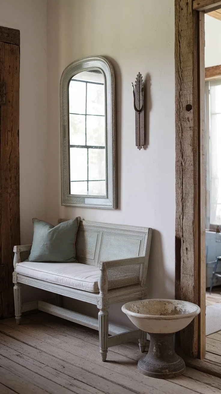 This country hallway embodies the spirit of a modern French country aesthetic.  The entryway decor, featuring a rustic wooden frame and comfortable seating, seamlessly blends country cottage farmhouse charm with sophisticated style.