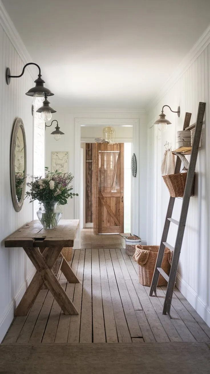 This country hallway welcomes you into a world of French country farmhouse charm.  The blend of cottage interiors and modern French country design creates a captivating entryway decor, showcasing the best of country cottage farmhouse style.