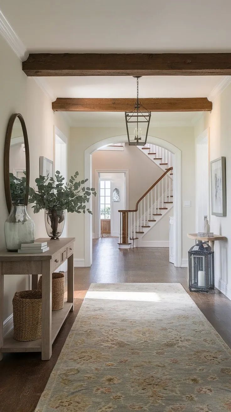 This country cottage farmhouse seamlessly blends modern French country design with cozy cottage interiors.  The entryway decor, highlighted by a wooden console and floral rug, welcomes you into a space defined by exposed beams, soft lighting, and the allure of a rustic country hallway staircase.