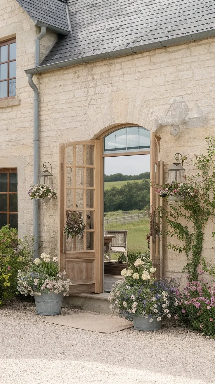 This stone French country farmhouse effortlessly blends modern design with classic country cottage farmhouse charm.  The inviting entryway, adorned with potted blooms, hints at the beautiful cottage interiors and the peaceful country hallway awaiting within.  A true testament to modern French country style.