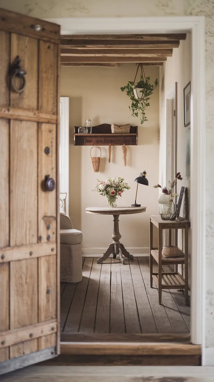 This modern French country farmhouse effortlessly marries rustic charm with contemporary elegance. The country hallway, with its aged wooden floors and thoughtfully placed furniture, invites you to linger.  Notice the beautiful details in the entryway decor, from the vintage door knob to the hanging planter, all contributing to the unique atmosphere of this cottage interiors haven.