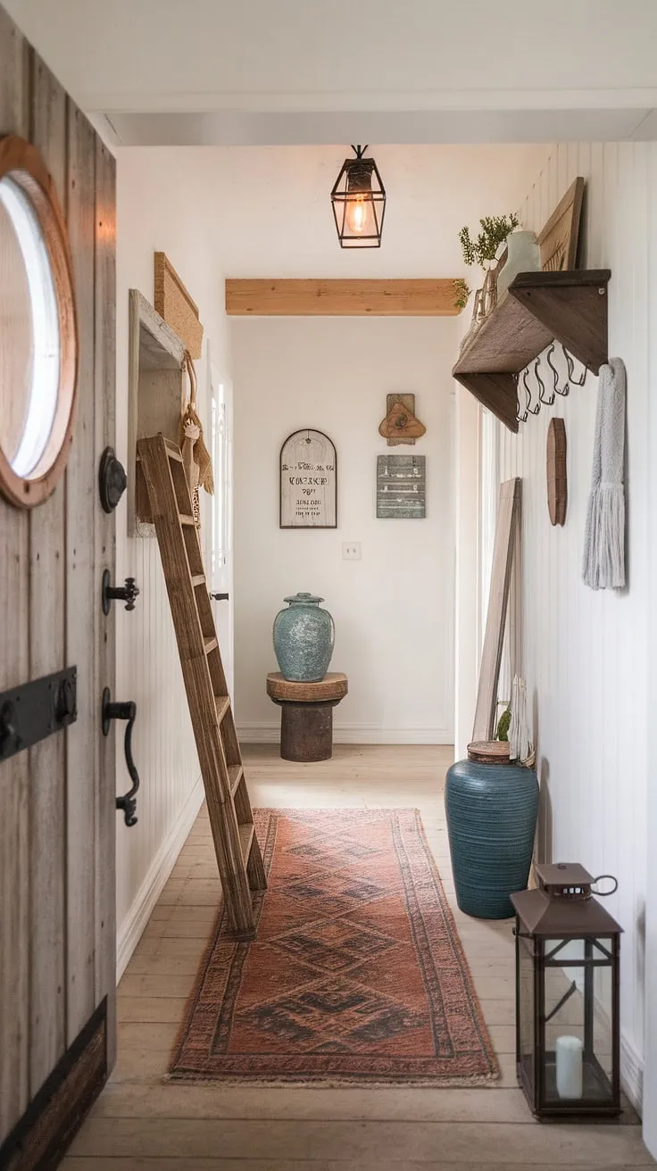 Step into the charming embrace of this modern French country farmhouse, where country cottage interiors meet rustic elegance. The country hallway, with its entryway decor and warm lighting, invites you to explore the cozy spaces within.