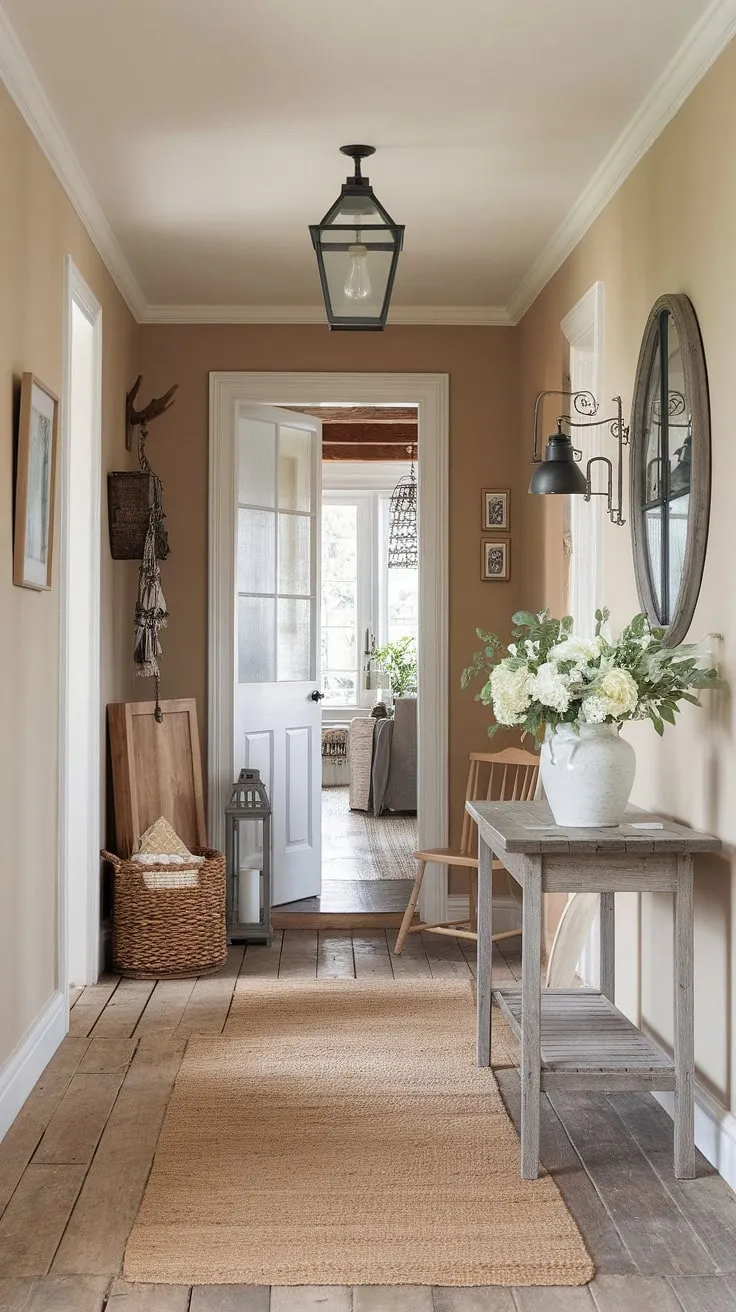 Step into the charm of this modern French country farmhouse, where country cottage farmhouse style meets contemporary elegance.  The country hallway and entryway decor perfectly capture the essence of cottage interiors, creating a welcoming and inviting atmosphere.