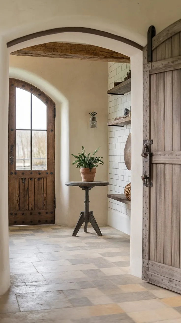 Step into the charm of this modern French country farmhouse, where country cottage farmhouse style meets sophisticated cottage interiors.  The inviting country hallway and thoughtfully curated entryway decor create a welcoming atmosphere that speaks to the heart of French country living.