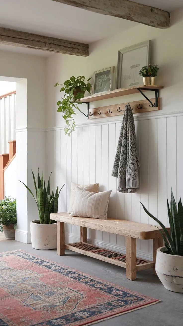 This country hallway showcases the effortless blend of modern French country and country cottage farmhouse styles.  The entryway decor perfectly complements the charming cottage interiors of this French country farmhouse.