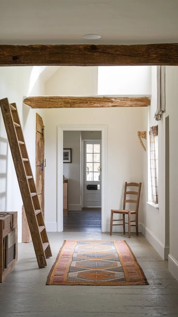 This country cottage farmhouse boasts a stunning blend of modern French country style and rustic charm.  The entryway decor, featuring a vintage wooden chair and a cozy rug, perfectly complements the whitewashed walls and hints at the inviting country hallway awaiting within.
