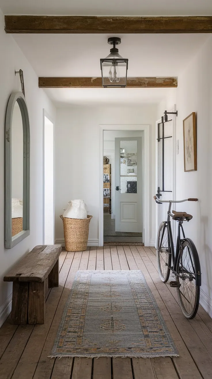 This country cottage farmhouse boasts a stunning country hallway, showcasing the best of modern French country design.  The entryway decor, complete with a rustic bench and wall-mounted mirror, welcomes you into a space that effortlessly blends cottage interiors with farmhouse charm.