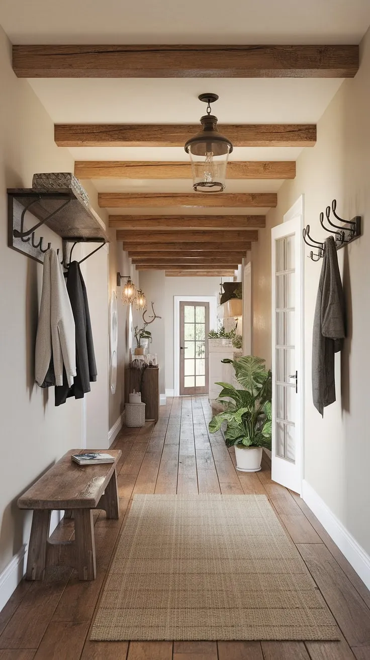 This country hallway, a perfect blend of country cottage farmhouse and modern French country aesthetics, showcases exquisite cottage interiors and thoughtful entryway decor.  The overall effect is a welcoming French country farmhouse feel.