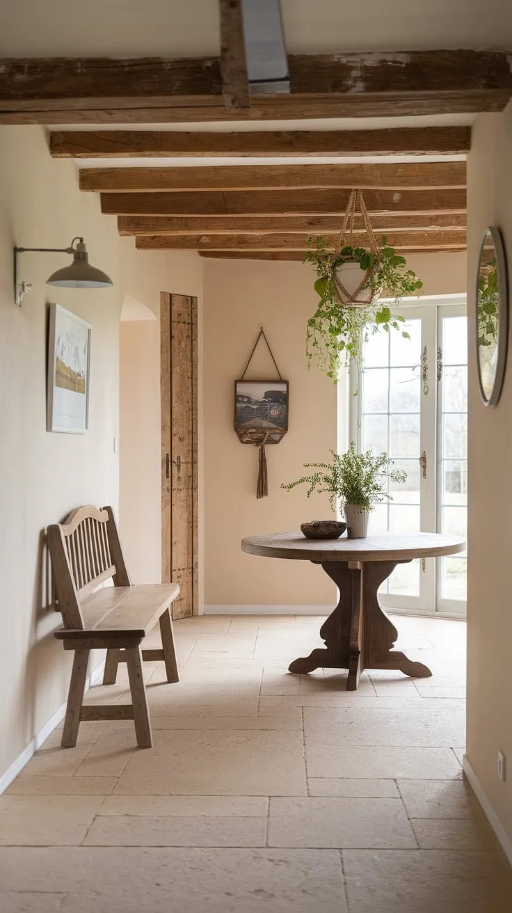 Step into the charming embrace of this modern French country farmhouse, where country cottage farmhouse style meets refined cottage interiors.  The country hallway and entryway decor create a welcoming atmosphere, instantly transporting you to the heart of the French countryside.