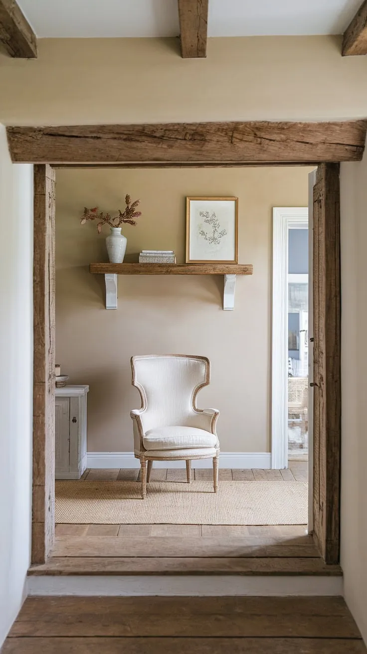 This country hallway showcases the effortless elegance of a modern French country aesthetic.  The blend of country cottage farmhouse charm and thoughtfully curated entryway decor transforms this space into a captivating cottage interiors dream.