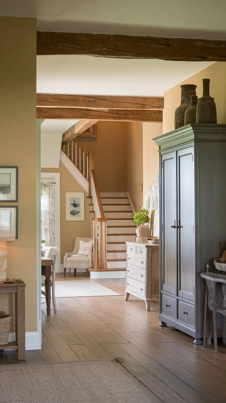 This country cottage farmhouse seamlessly blends modern French country style with rustic charm.  The warm beige walls and wood floors create a welcoming atmosphere in the country hallway, while the entryway decor, including a stately armoire, sets the tone for the exquisite cottage interiors within.