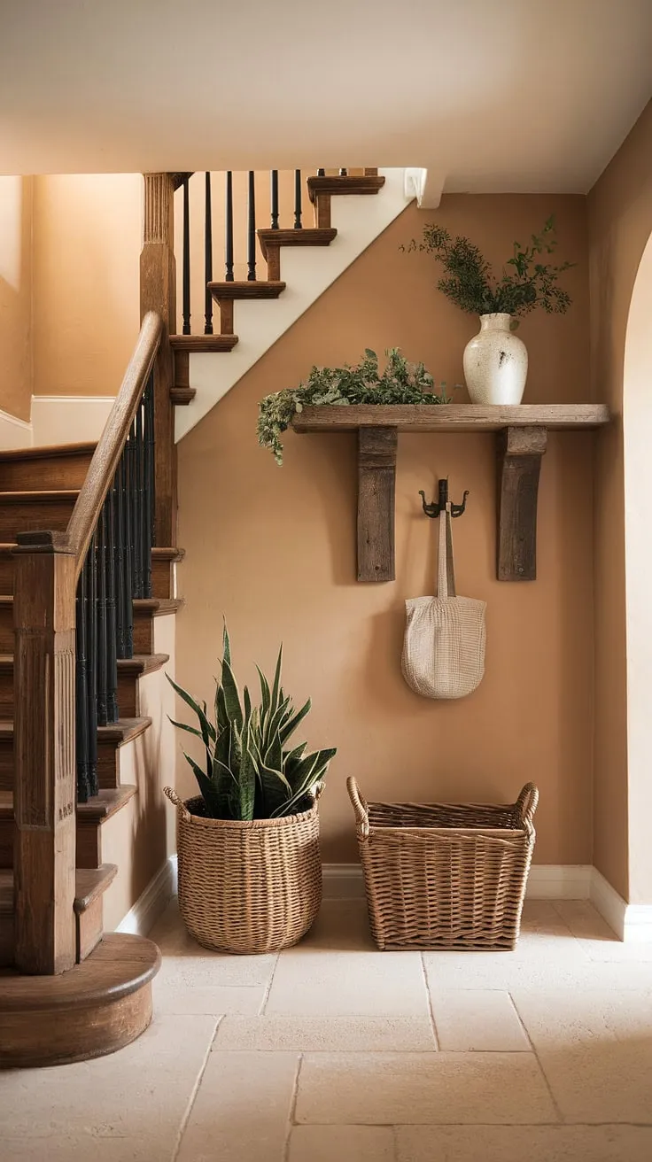 This country cottage farmhouse seamlessly blends modern French country style with rustic charm.  The inviting country hallway, featuring a beautiful wooden staircase and simple yet stylish entryway decor, is the perfect introduction to the cottage interiors awaiting inside.