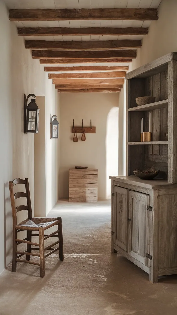 This country hallway showcases the effortless elegance of a modern French country aesthetic.  The blend of country cottage farmhouse charm and sophisticated cottage interiors makes this entryway decor truly captivating.