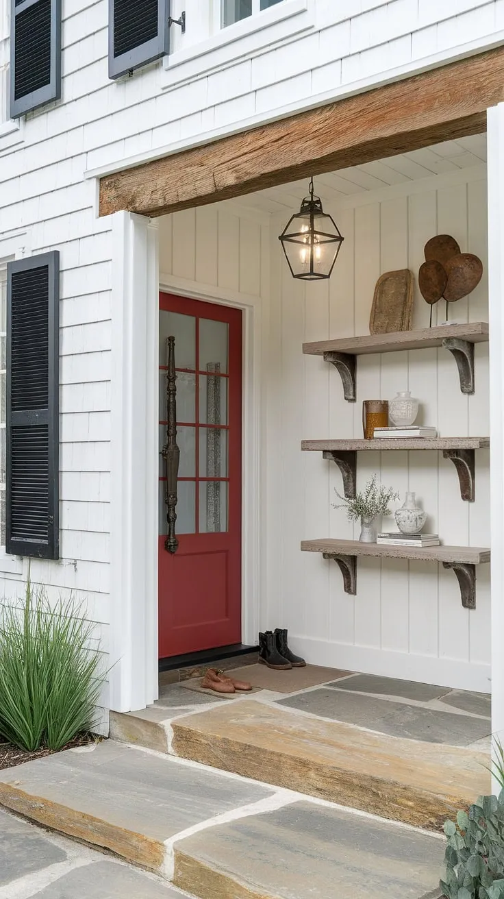 This modern French country farmhouse boasts a captivating entryway.  Cottage interiors meet country hallway charm in this space, where rustic shelves and a vibrant red door add personality to the sophisticated stone floors and black-shuttered exterior.