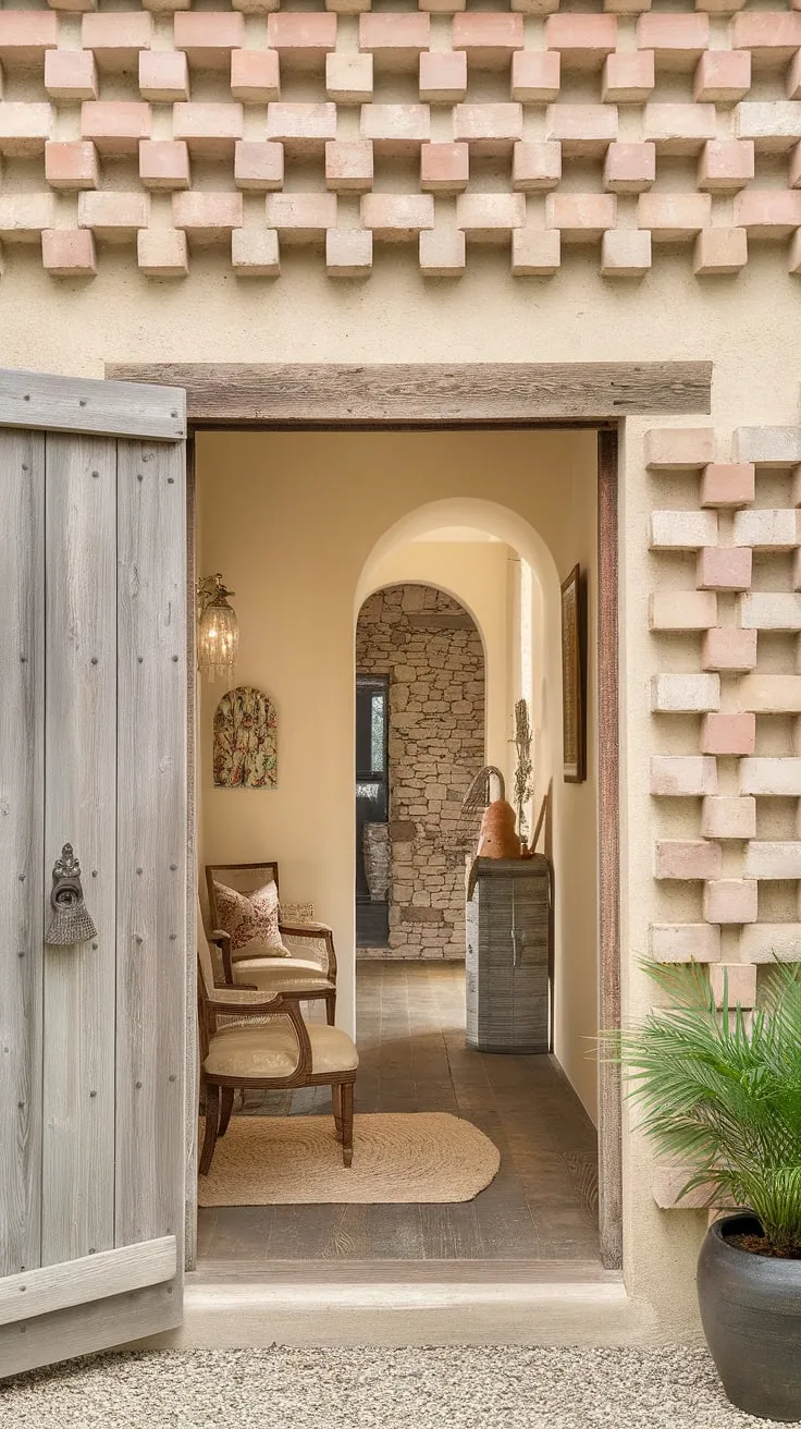 This country hallway, a perfect blend of country cottage farmhouse and modern French country aesthetics, showcases exquisite cottage interiors. The entryway decor is the epitome of French country farmhouse charm, inviting you to explore the home's captivating spaces.