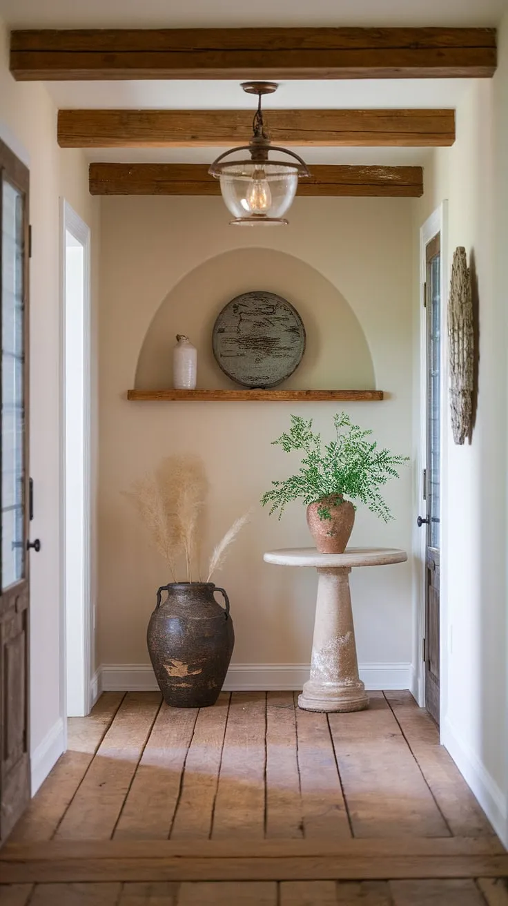 This country hallway, showcasing the best of modern French country and country cottage farmhouse design, welcomes you into a home filled with charming cottage interiors and thoughtful entryway decor.