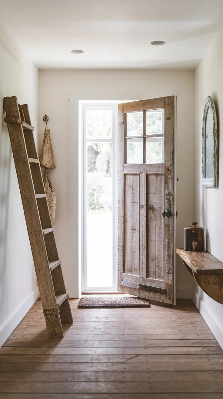 This country hallway showcases the effortless elegance of a modern French country aesthetic.  The blend of country cottage farmhouse charm and thoughtfully curated entryway decor creates a captivating first impression in this idyllic cottage interiors setting.