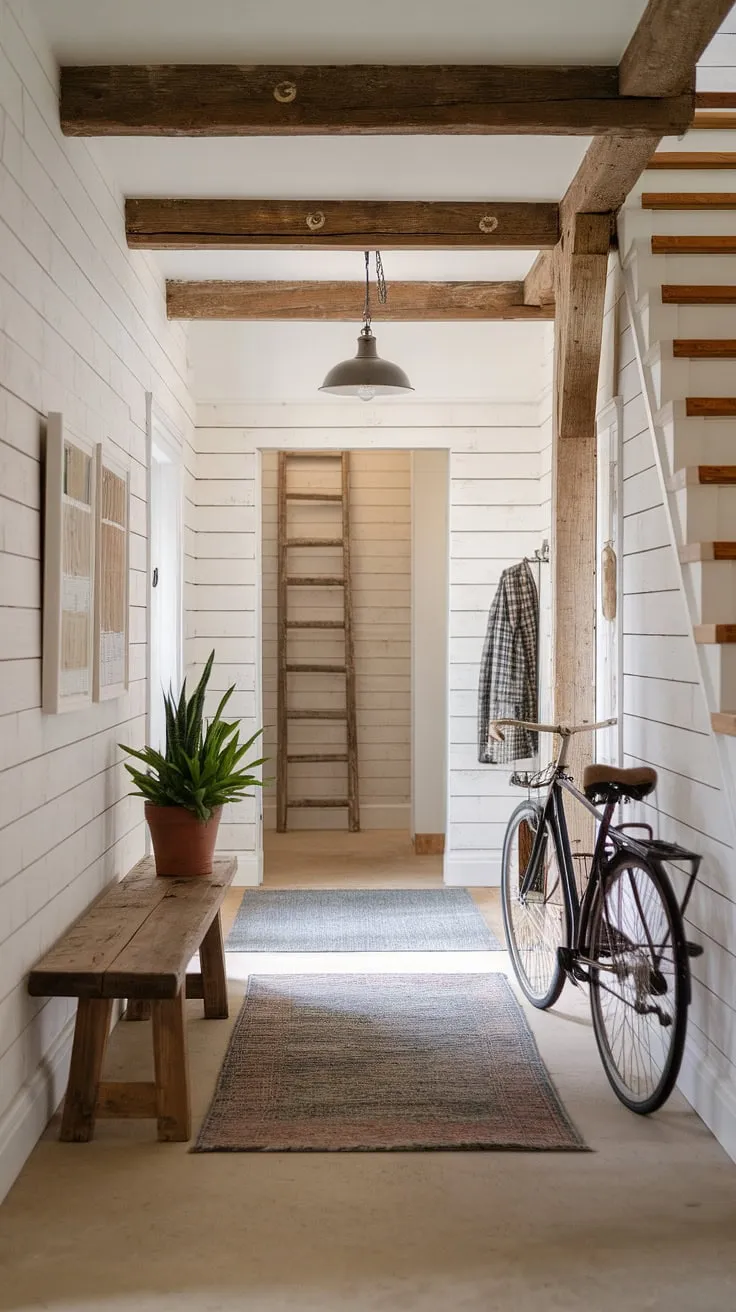 This country hallway welcomes you into a world of modern French country charm.  The blend of country cottage farmhouse and cottage interiors creates a captivating entryway decor within this beautiful French country farmhouse.
