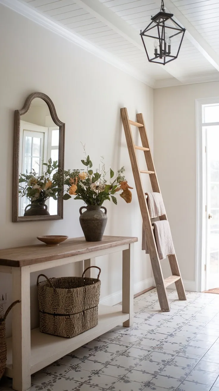 This country cottage farmhouse boasts a captivating blend of modern French country and rustic charm.  The entryway decor, complete with a woven basket, ceramic vase, and wooden ladder, perfectly showcases the inviting atmosphere of this French country farmhouse's cottage interiors and patterned tile country hallway.