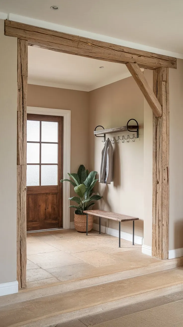 This country cottage farmhouse boasts a captivating blend of modern French country style and cozy cottage interiors.  Note the rustic details in this inviting country hallway, complete with thoughtful entryway decor.