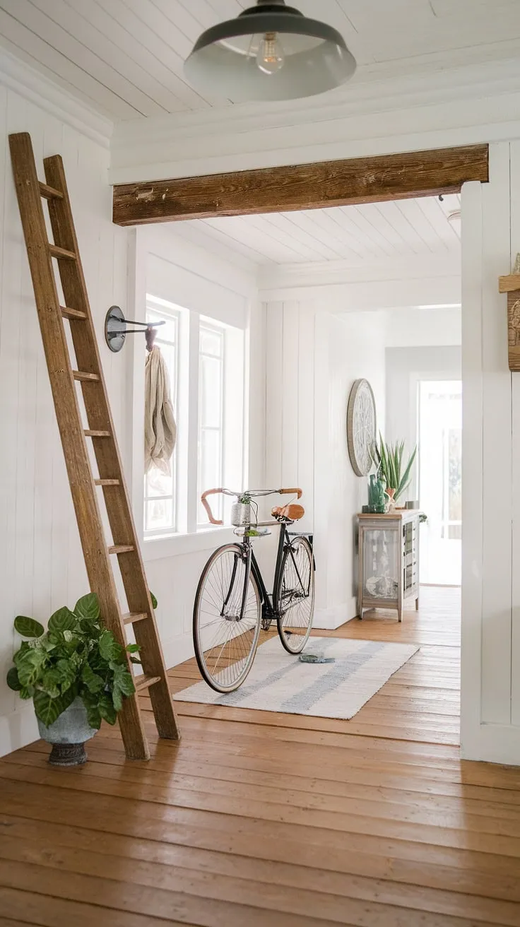 Step into the charming embrace of this modern French country farmhouse, where country cottage farmhouse style meets refined cottage interiors.  The country hallway and entryway decor create a welcoming atmosphere.