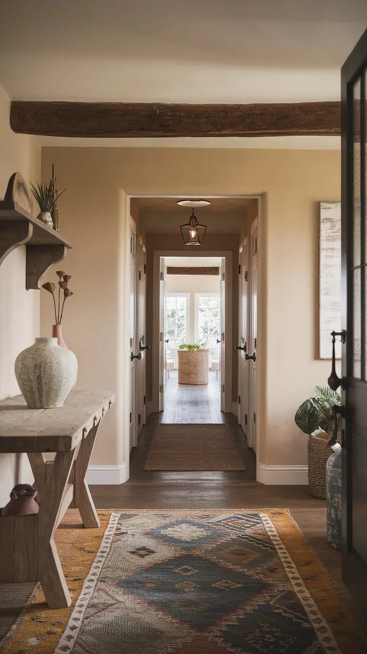 This country hallway, showcasing the best of modern French country and country cottage farmhouse design, sets the tone for the charming cottage interiors within this beautiful home.  The entryway decor is the perfect blend of rustic and refined.