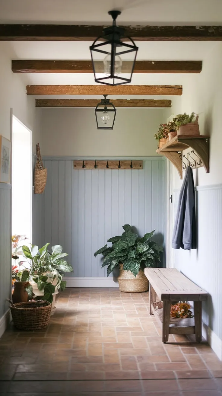 This country hallway showcases the effortless elegance of a modern French country aesthetic.  The blend of country cottage farmhouse charm and thoughtfully curated entryway decor transforms this space into a captivating cottage interiors dream.