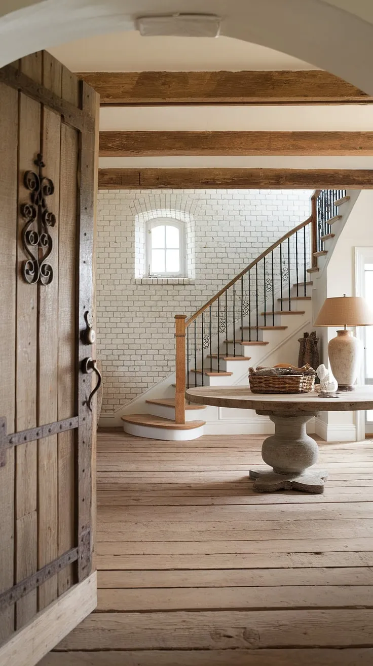 Step into the charm of this modern French country farmhouse, where rustic wooden beams and a whitewashed brick entryway create the perfect blend of country cottage farmhouse style and cottage interiors.  The country hallway welcomes you with its unique entryway decor, a testament to the beauty of modern French country design.